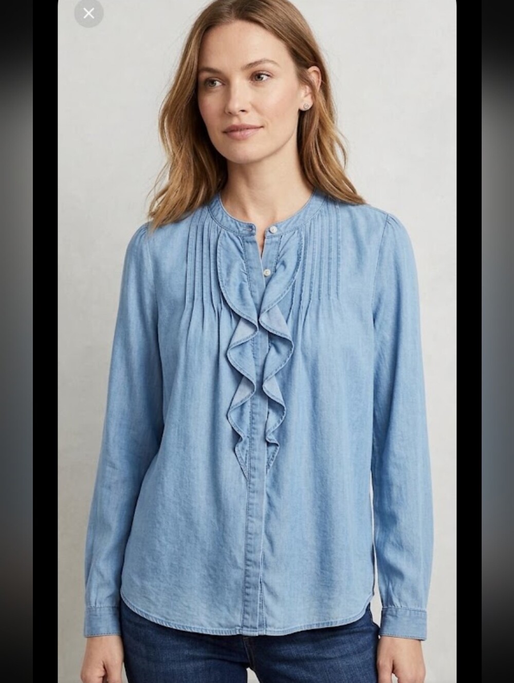 LOFT Pintucked Ruffle Chambray Blouse Blue Lyocell Small